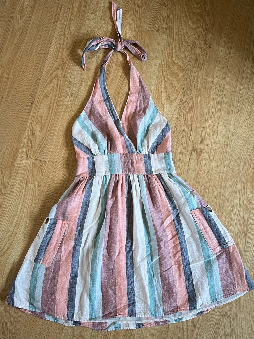 American Eagle Outfitters Striped Halter Tie-Back Smocked Sundress Size S